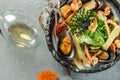 fresh seafood salad. Fish Mussels and Octopus. organic healthy products Royalty Free Stock Photo