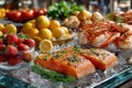 Fresh Seafood Salmon Shrimp Fruit on Ice Platter Royalty Free Stock Photo