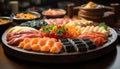 Fresh seafood sashimi, nigiri, and maki sushi on wooden tray generated by AI Royalty Free Stock Photo