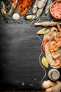 Fresh seafood. Sea food with spices and herbs. Royalty Free Stock Photo