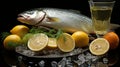 Fresh seafood, shrimp, mussels, wine, and fruit still life composition for food and wine lovers Royalty Free Stock Photo