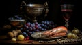 Fresh seafood, shrimp, mussels, wine, and fruit still life for food and wine lovers Royalty Free Stock Photo