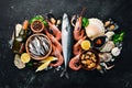 Fresh seafood on a stone background. Fish, shrimp, mussels, caviar. Royalty Free Stock Photo