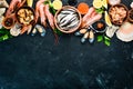 Fresh seafood on a stone background. Fish, shrimp, mussels, caviar. Royalty Free Stock Photo