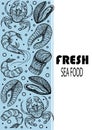 Fresh seafood vector template. Hand-drawn monochrome elements. Sketches of crab, salmon, mussels, shrimps. Marine delicacies Royalty Free Stock Photo