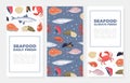 Fresh seafood vertical banners set. Restaurant or fish market advertising, poster, card, packaging design vector Royalty Free Stock Photo