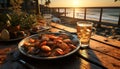 Fresh seafood on a wooden table, enjoying a summer sunset generated by AI