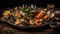 Fresh seafood on a wooden table, a gourmet meal cooked generated by AI