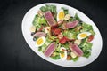 Fresh seared raw tuna mixed vegetable salad with mustard sauce Royalty Free Stock Photo