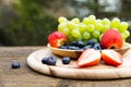 Fresh seasonal fruits in a bowl on wooden table, outside Royalty Free Stock Photo