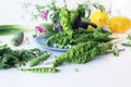 Fresh seasonal organic vegetables and herbs for cooking vegetarian lunch Royalty Free Stock Photo