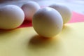 Fresh Set of chicken`s white Eggs display on colorful background Royalty Free Stock Photo