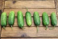 Fresh Seven Cucumbers On The Rough Wood Background