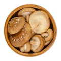 Fresh shiitake mushrooms, Lentinula edodes, in a wooden bowl Royalty Free Stock Photo