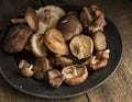 Fresh shiitake mushrooms in moody natural light setting with vintage retro style Royalty Free Stock Photo