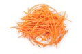Fresh shredded carrots on white background, Top view. Flat lay