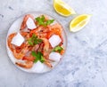 Fresh shrimp, ice, mediterranean gastronomy food plate ingredient lemon on a gray concrete background Royalty Free Stock Photo
