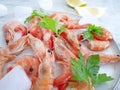 Fresh shrimp, ice, mediterranean food  plate  delicious  ingredient  lemon on a gray concrete background Royalty Free Stock Photo
