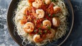 Fresh Shrimp Pasta with Tomato Sauce and Herbs on Dark Table Royalty Free Stock Photo