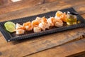 Fresh Shrimp Served On Black Plate On Wooden Table Cooked With H Royalty Free Stock Photo