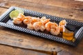 Fresh Shrimp Served On Black Plate On Wooden Table Cooked With H Royalty Free Stock Photo