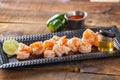 Fresh Shrimp Served On Black Plate On Wooden Table Cooked With H Royalty Free Stock Photo