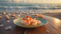 Delicious Cooked Shrimp on Plate by Ocean at Sunset Royalty Free Stock Photo
