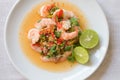 Fresh shrimp on white plate and fresh vegetables, cooked shrimps prawns and seafood spicy chili sauce coriander, cooking shrimp Royalty Free Stock Photo