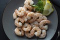 Fresh shrimps in plate over dark background. Healthy food. Top view. Copy space Royalty Free Stock Photo