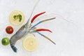 Fresh shrimps prawns on ice Raw shrimp with chilli tomato lemon and green parsley top view Royalty Free Stock Photo