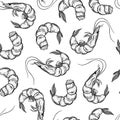 Fresh shrimps seamless vector pattern. Hand-drawn illustration. Seafood sketch. Shell-on marine animals, peeled. Crustacean