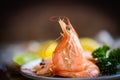 Fresh shrimps served on plate in the seafood restaurant dark background, boiled shrimp prawns cooked with herbs and spice Royalty Free Stock Photo