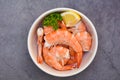 Fresh shrimps served on white bowl, boiled peeled shrimp prawns cooking in the seafood restaurant Royalty Free Stock Photo