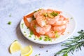 Fresh shrimps served on white plate in the seafood restaurant, boiled shrimp prawns cooked with herbs and spice Royalty Free Stock Photo