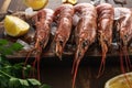 Fresh shrimps on wooden background with lemon slice. Seafood background