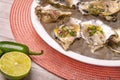 Fresh shucked oysters with jalapeno & lemon mignonette