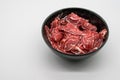 Fresh sliced beef hind shank in black ceramic bowl