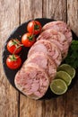 Fresh sliced brawn served with tomatoes, lime and cilantro closeup on a slate board. Vertical top view