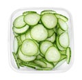 Fresh sliced cucumbers in plastic container isolated on white, top view Royalty Free Stock Photo