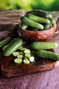 Fresh and sliced cucumbers. Sliced cucumbers on a cutting board. Royalty Free Stock Photo