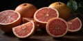 Fresh sliced grapefruit on dark wooden background.