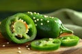 Fresh Sliced Jalapeno Peppers on Wooden Cutting Board with Natural Green Background for Culinary Concepts Royalty Free Stock Photo