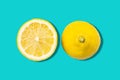 Fresh sliced lemon  poster on blue background with hard shadow. Top view, copy space and macro. Concept healthy and vegan image Royalty Free Stock Photo