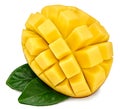 Fresh sliced mango with green leaves isolated on white background. exotic fruit. clipping path Royalty Free Stock Photo