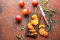 Fresh sliced peaches with wooden board on color background Royalty Free Stock Photo