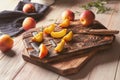 Fresh sliced peaches on wooden boards Royalty Free Stock Photo