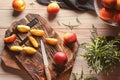 Fresh sliced peaches on wooden boards Royalty Free Stock Photo