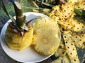 Fresh sliced pineapple on the white dish. Sweet and sour flavor. Healthy fruit. Royalty Free Stock Photo