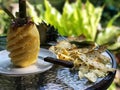 Fresh sliced pineapple on the white dish. Sweet and sour flavor. Healthy fruit. Royalty Free Stock Photo