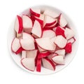 Fresh sliced radishes in white bowl isolated on white background. Top view